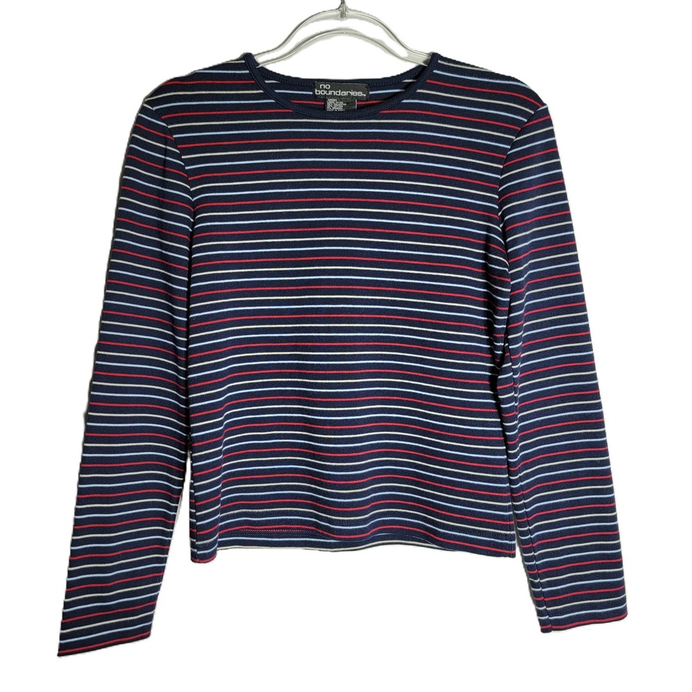 Y2K No Boundaries Juniors Striped Long Sleeve Top‎ 11/13 Red Blue Pullover